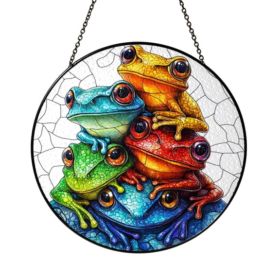 Colorful Tree Frog Stained Glass Style Window Suncatcher Hanging Decor, Tropical Frog Decorative Glass Panel Art for Nature Theme Window Ornament