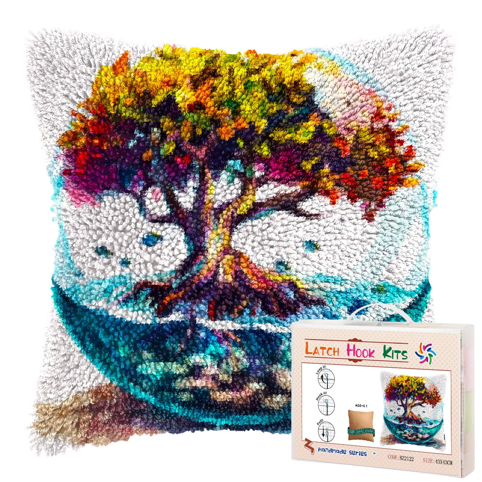 Colorful Tree in Glass Water DIY Latch Hook Pillow Kits for Adults Printed Pillowcase Crochet Yarns Hooking Handmade Pillow Cover Cushion for Home Sofa Decoration 17x17inch(5)