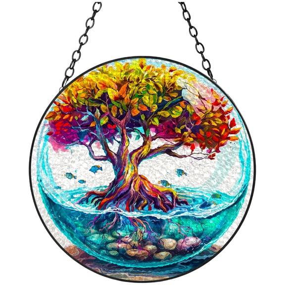 Colorful Tree in Glass Water Stained Glass Suncatcher Handmade Window Hanging Colored Glass Suncatcher Crafts Kits for Indoor Garden Decor Memorial Gift 16x16cm(5)