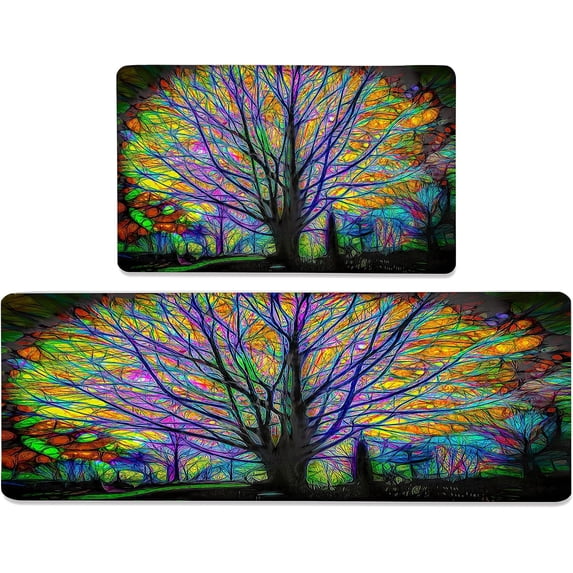 Colorful Tree Kitchen Rug Set of 2 Anti-Fatigue Cushioned Floor Mats Forest Non Slip Waterproof Comfort Standing PVC Rugs Decor for Office Home Laundry Room 17.3 x 28+17.3 x 47 Inches