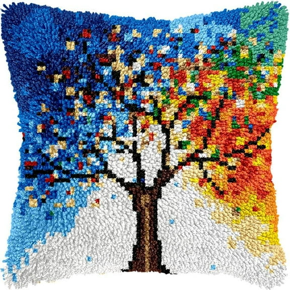 Colorful Tree Latch Hook Kits Pillow DIY Rug Crochet Hook Cushion Making Kits Printed Pattern Canvas Pillowcase Hooking Kits Pillow Cover Crochet Kits 43x43cm(fs180)