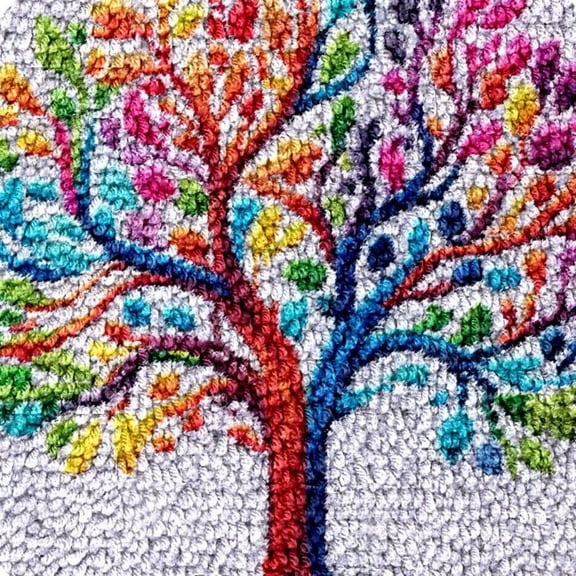 Colorful Tree Latch Hook Rug kits Color Printed Crochet Yarn Needlework DIY Hooking Latch Kit Carpet Embroidery Rug Cover Mat for Christmas Chair Cushion Floor Decoration 17x17in(1)