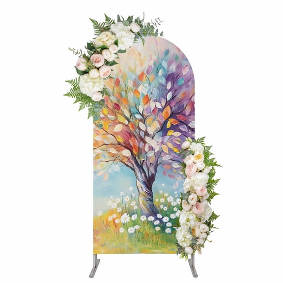 Colorful Tree Life Arch Backdrop Cover 5FT, Spring Garden Abstract Wildflowers Spandex Fitted Stretchy Arch Stand Covers, Round Top Chiara Backdrop Cover for Wedding Party Birthday Baby Shower