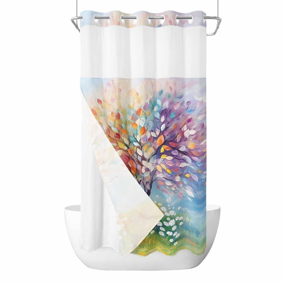 Colorful Tree Life No Hook Shower Curtain with Snap in Liner, Waterproof Fabric Shower Curtains, Spring Garden Abstract Wildflowers Shower Curtain Set Top See Through for Bathroom 36"x72"