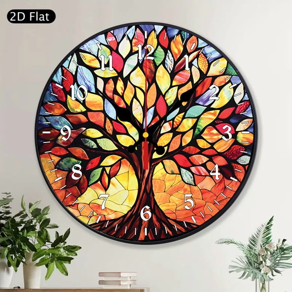 Colorful Tree Of Life Round Wall Clock Silent Non-Ticking MDF Wood Home Decor Decorative Stained Glass Style Wall Art Living Room Bedroom Office Family Anniversary Housewarming Gift