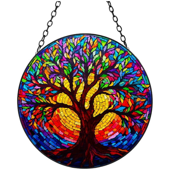 Colorful Tree Life and Sunset Stained Glass Suncatcher Handmade Window Hangings Colored Glass Suncatcher Crafts Kits for Indoor Garden Christmas Decoration 16x16cm(2)