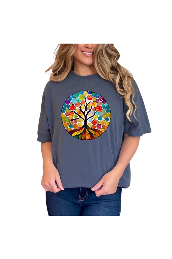Colorful Tree of Life T Shirt, Vibrant Mosaic Tree Shirt, Unique Artistic Tree Tee, Multicolor Nature Design, Round Tree Art Shirt, Denim Comfort Colors T-Shirt, Small