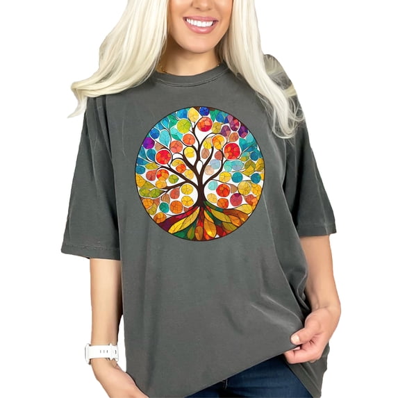 Colorful Tree of Life T Shirt, Vibrant Mosaic Tree Shirt, Unique Artistic Tree Tee, Multicolor Nature Design, Round Tree Art Shirt, Pepper Comfort Colors T-Shirt, 3XL