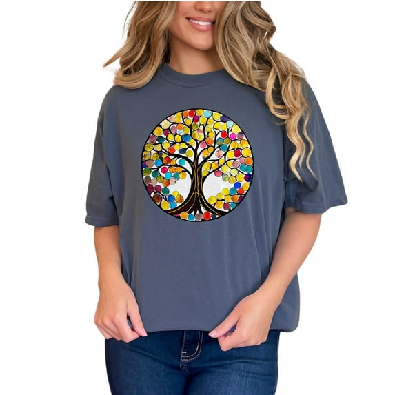 Colorful Tree of Life T-Shirt, Vibrant Nature Design Tee, Artistic Round Tree Graphic Shirt, Unique Color Splash Tee, Gift Idea, Denim Comfort Colors T-Shirt, Small