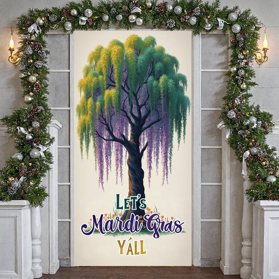Colorful Tree Mardi Gras Banner Purple Vines Tree Backdrop Artistic Design Vibrant Colors Festive Backdrop for Mardi Gras Party Festival Celebration Indoor Decoration