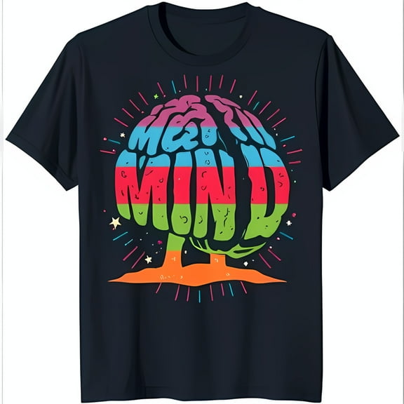 Colorful Tree Shaped Brain Design T-Shirt with Whimsical Stars MIND Graphic Tee