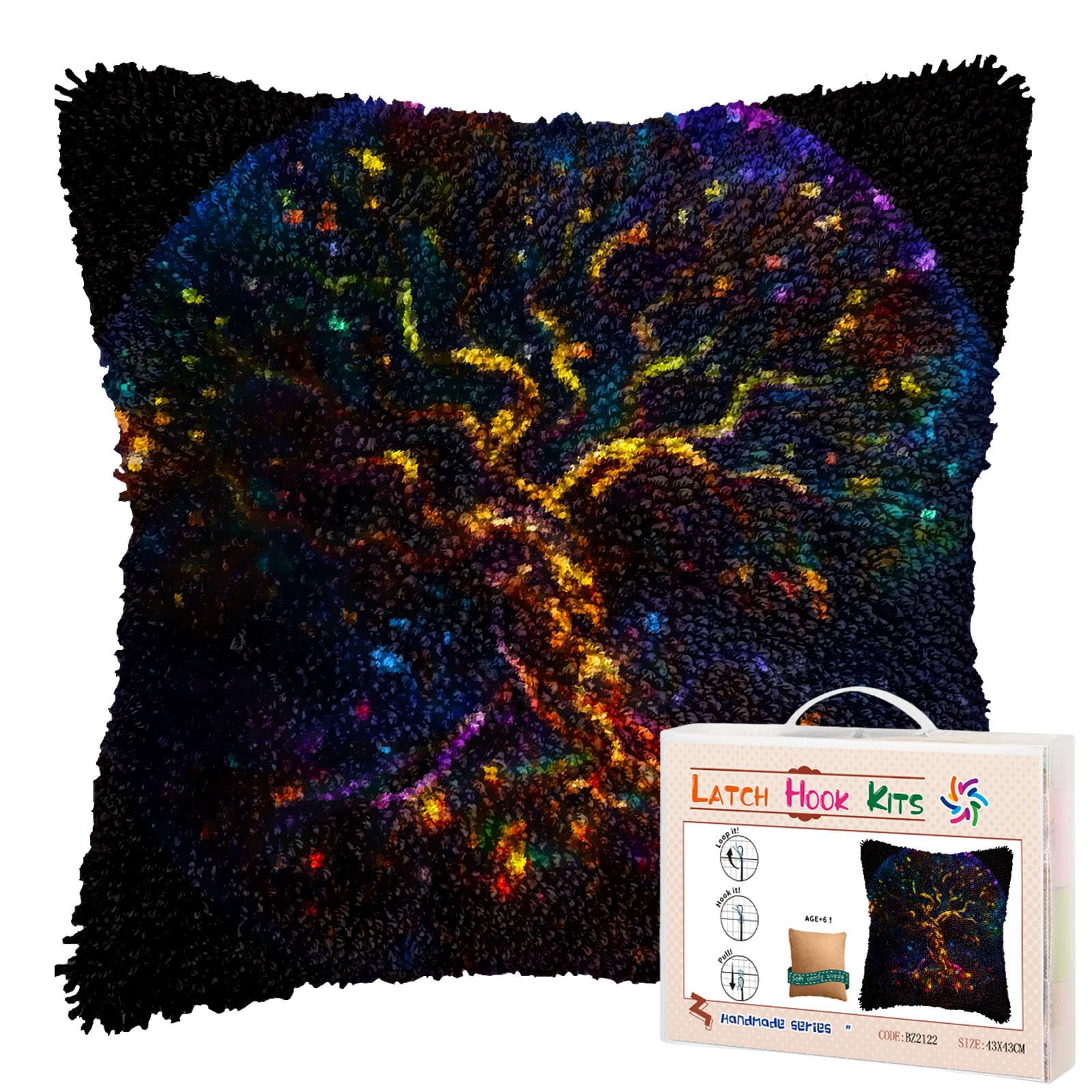 Colorful Tree Shining Sky DIY Latch Hook Pillow Kits for Adults Printed Pillowcase Crochet Yarns Hooking Handmade Pillow Cover Cushion for Home Sofa Decoration 17x17inch(3)
