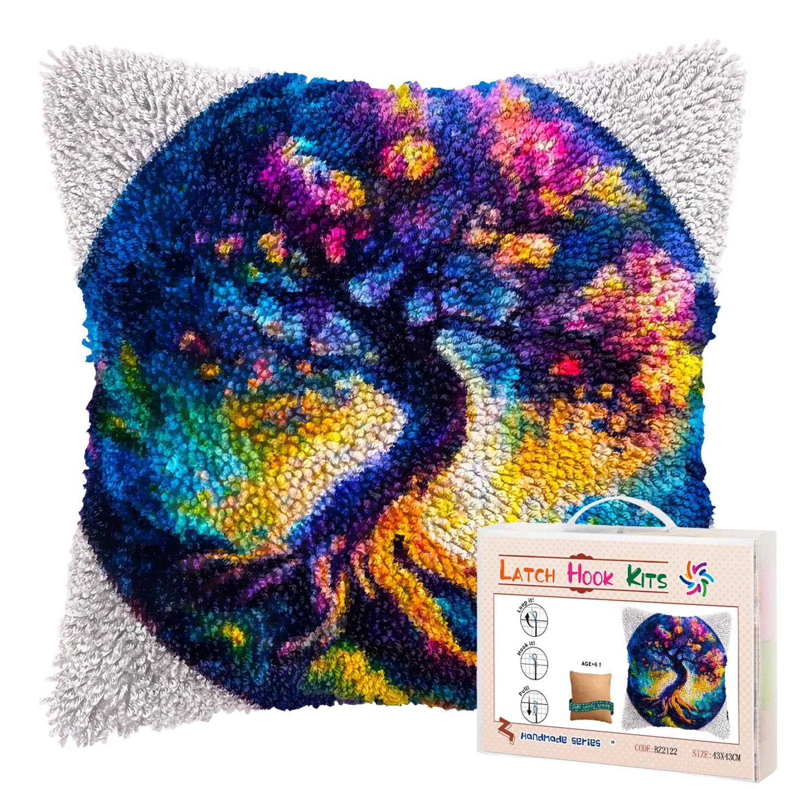 Colorful Tree Shining Sky DIY Latch Hook Pillow Kits for Adults Printed Pillowcase Crochet Yarns Hooking Handmade Pillow Cover Cushion for Home Sofa Decoration 17x17inch(2)