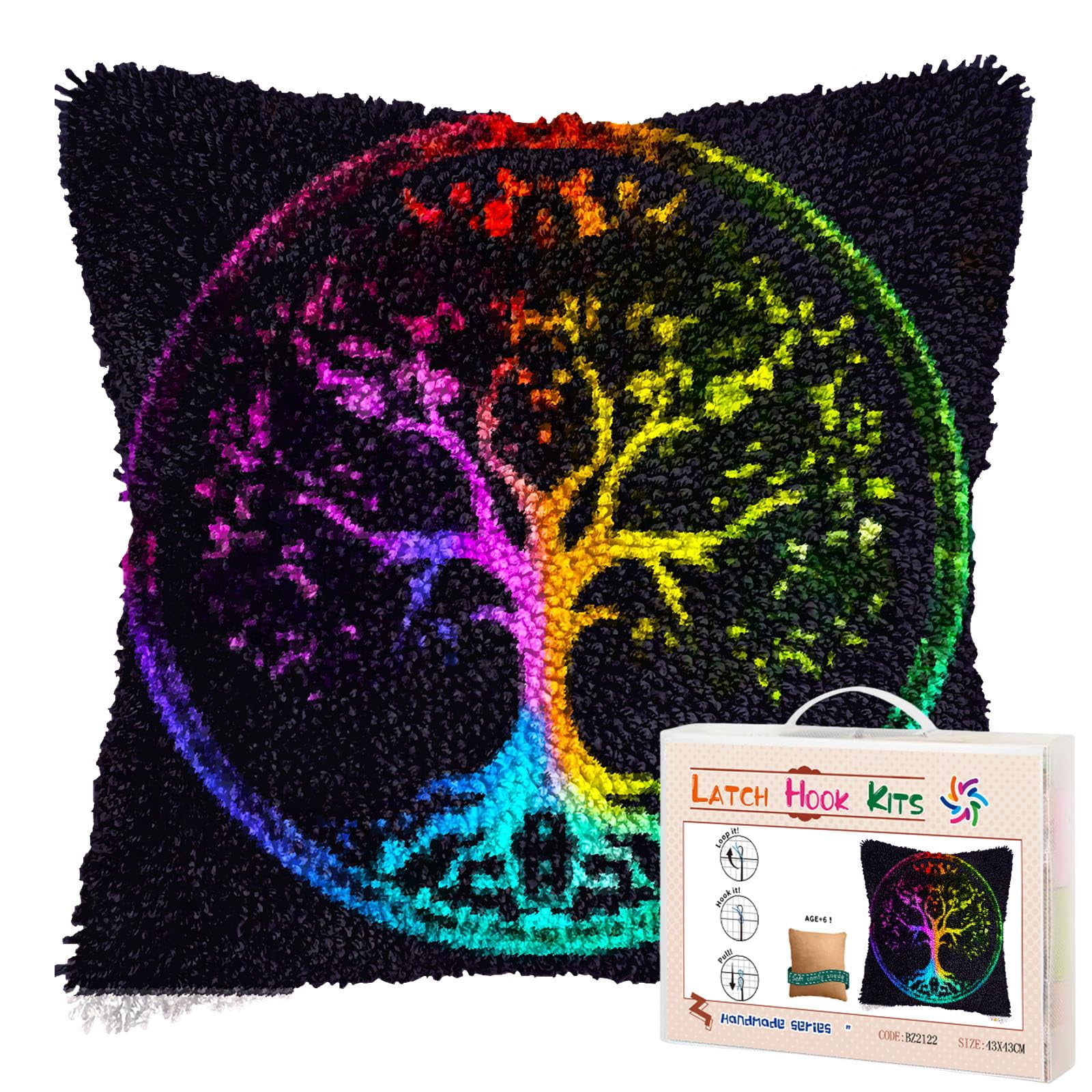 Colorful Tree Shining Sky DIY Latch Hook Pillow Kits for Adults Printed Pillowcase Crochet Yarns Hooking Handmade Pillow Cover Cushion for Home Sofa Decoration 17x17inch(4)