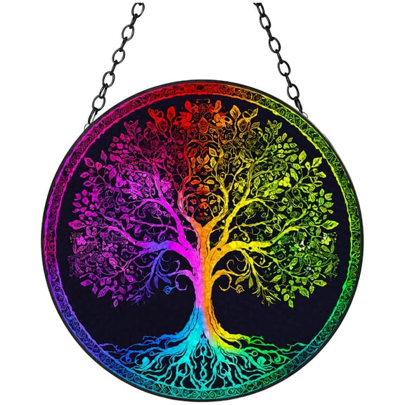 Colorful Tree Shining Sky Stained Glass Suncatcher Handmade Window Hanging Colored Glass Suncatcher Crafts Kits for Indoor Garden Decor Memorial Gift 16x16cm(4)