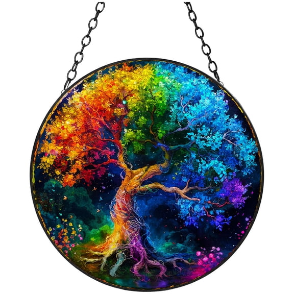 Colorful Tree Shining Sky Stained Glass Suncatcher Handmade Window Hanging Colored Glass Suncatcher Crafts Kits for Indoor Garden Decor Memorial Gift 16x16cm(1)