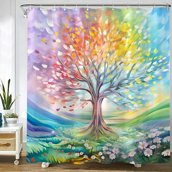 Colorful Tree Shower Curtain Abstract Aesthetic Oil Painting Shower Curtains for Bathroom Waterproof Fabric Pretty Cute Nature Daisy Art Bath Curtain Decor with Hooks (Multicolor, 72" x 72")