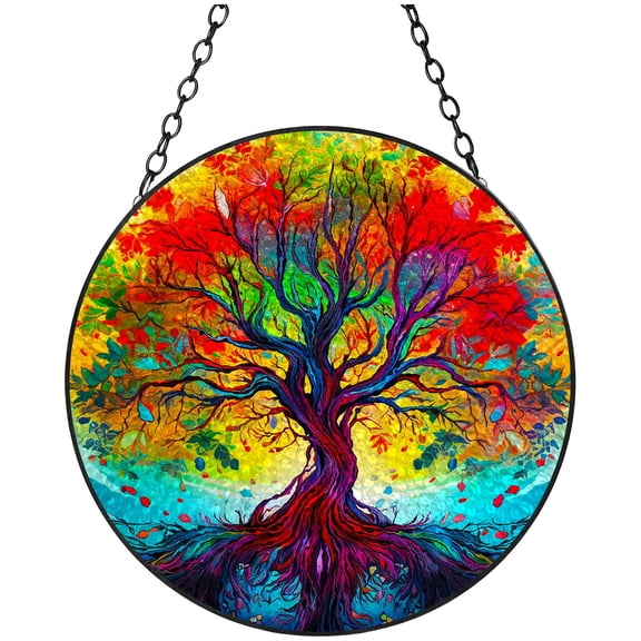 Colorful Tree and Sunset Stained Glass Suncatcher Window Hangings Colored Handmade Glass Suncatcher Crafts Kits for Indoor Garden Christmas Decoration 16x16cm(1)