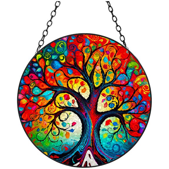Colorful Tree and Sunset Stained Glass Suncatcher Window Hangings Colored Handmade Glass Suncatcher Crafts Kits for Indoor Garden Christmas Decoration 16x16cm(2)