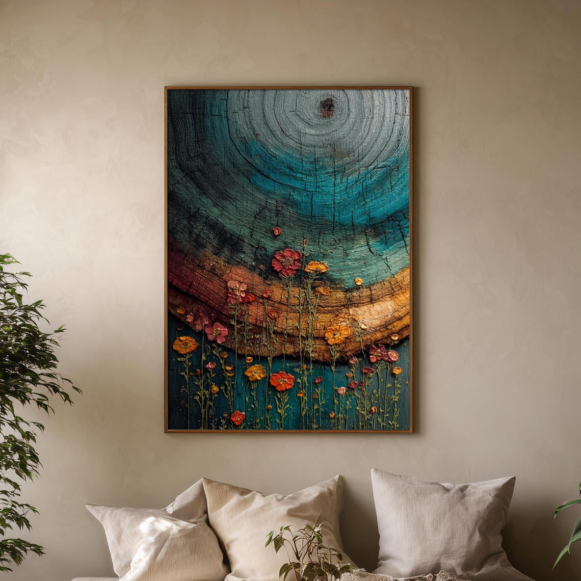 Colorful Tree Trunk Wildflower Abstract Grain Rustic Nature Wall Art ...