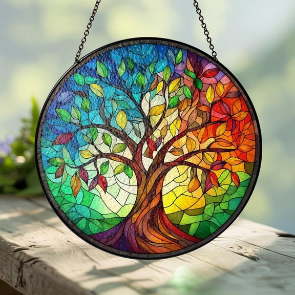 Colorful Tree of Life Glass Suncatcher, Rainbow Window Hanging, Birthday Nature, 7.9 in