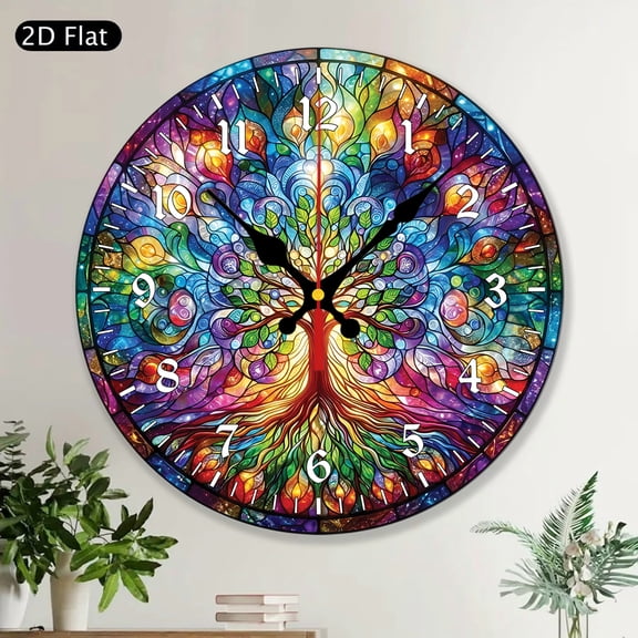 Colorful Tree of Life Round Wood Wall Clock Spiritual Boho Wall Decor Hanging Art For Living Room Bedroom