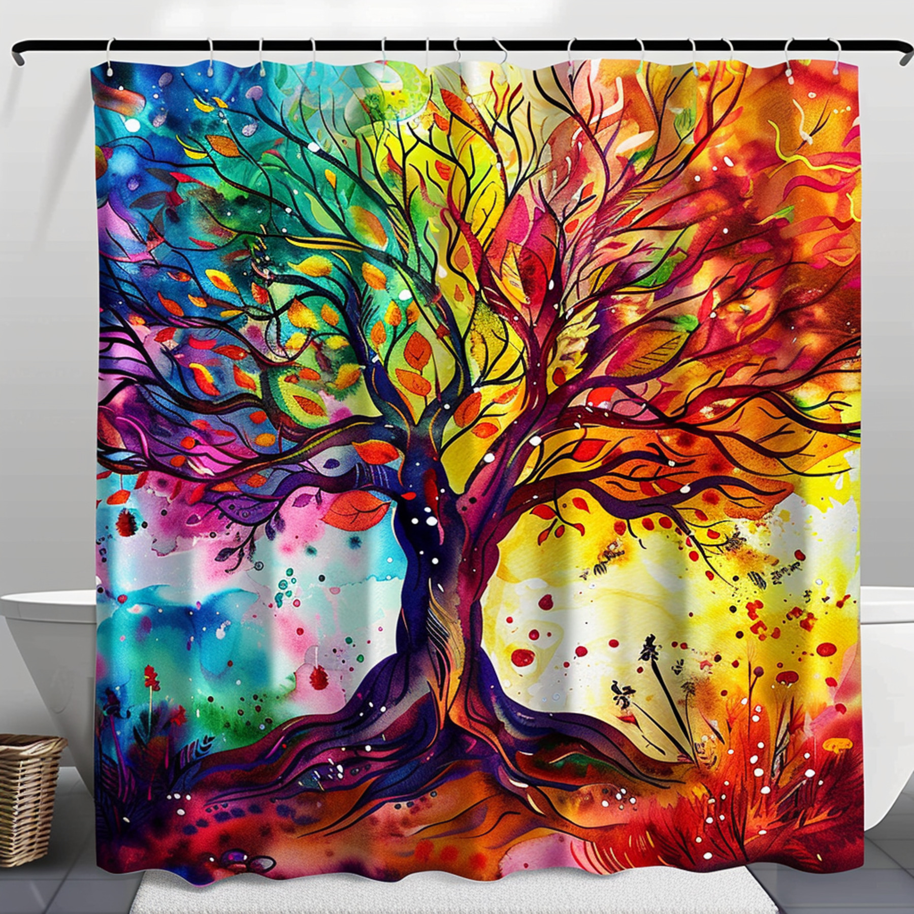 Colorful Tree of Life Watercolor Shower Curtain Fantasy Landscape