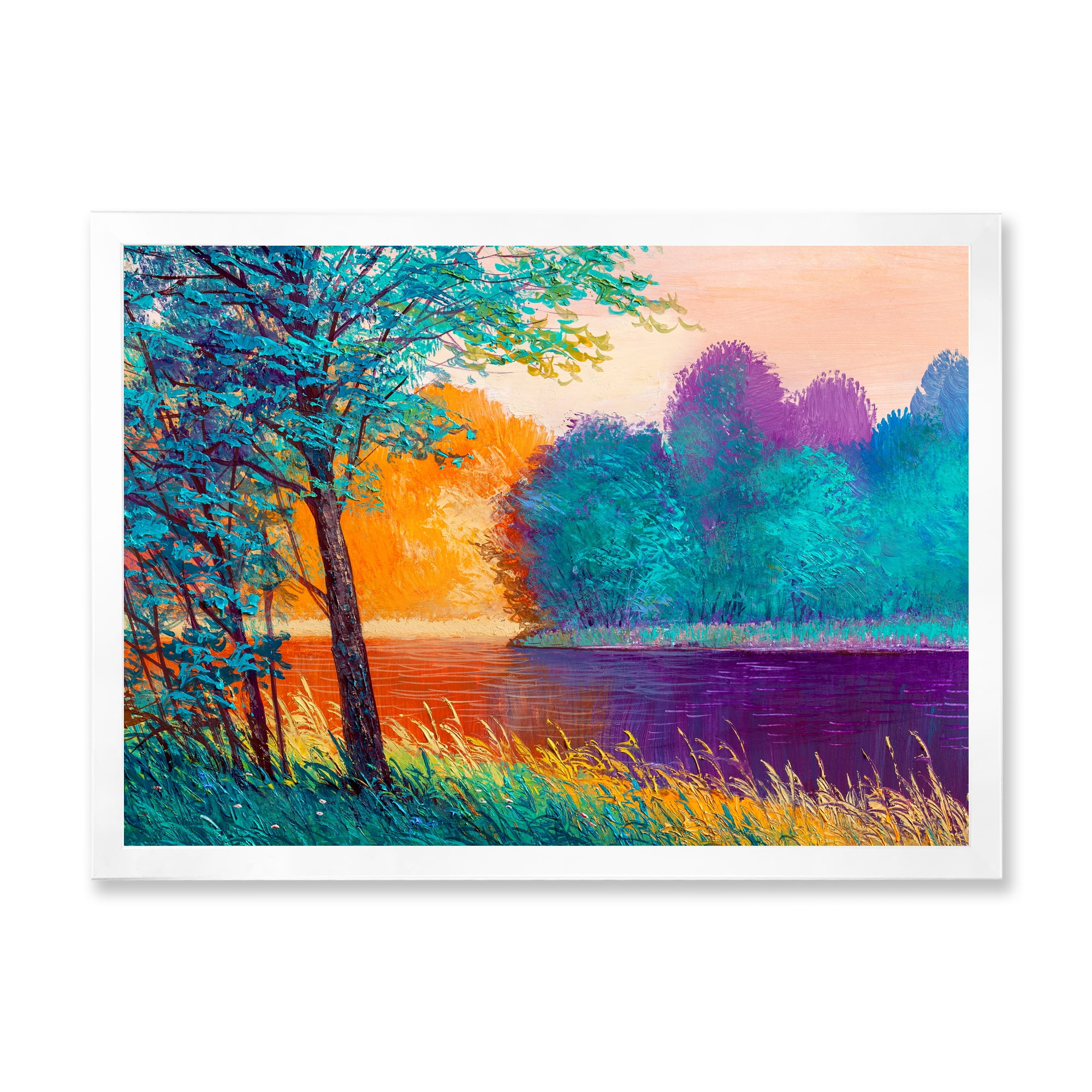 Colorful Trees During Twilight Along River 20 in x 12 in Framed Painting Canvas Art Print, by Designart