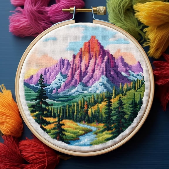 Colorful Trees Mountain DIY Stamped Cross Stitch Kits for Beginners Easy with Hoop 11CT Needlepoint Embroidery Counted Cross Stitch Kits Art Craft Wall Decor and Gift 35x35cm(2)