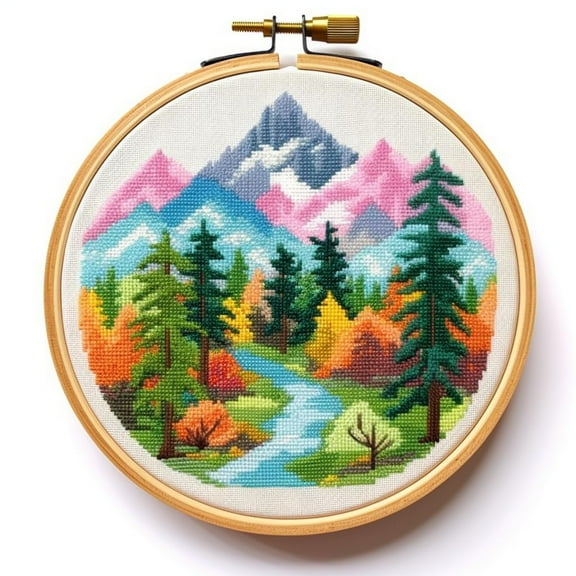 Colorful Trees Mountain DIY Stamped Cross Stitch Kits for Beginners Easy with Hoop 11CT Needlepoint Embroidery Counted Cross Stitch Kits Art Craft Wall Decor and Gift 35x35cm(1)