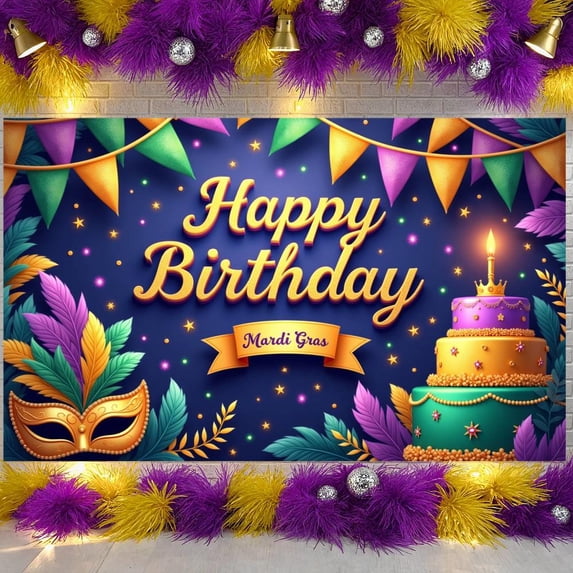 Colorful Triangle Flags Mardi Gras Banner Gold Mardi Gras Masks Backdrop Purple Cake Design Tropical Feathers Carnival Display for Mardi Gras Party Birthday Celebration Indoor Decoration