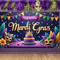thumbnail image 1 of Colorful Triangle Flags Mardi Gras Banner Gold Mardi Gras Masks Backdrop Purple Cake Design Tropical Feathers Carnival Display for Mardi Gras Party Birthday Celebration Indoor Decoration, 1 of 9