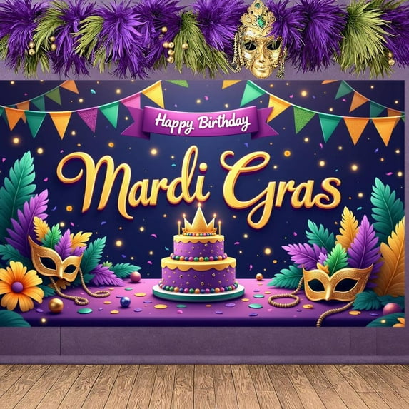 Colorful Triangle Flags Mardi Gras Banner Gold Mardi Gras Masks Backdrop Purple Cake Design Tropical Feathers Carnival Display for Mardi Gras Party Birthday Celebration Indoor Decoration