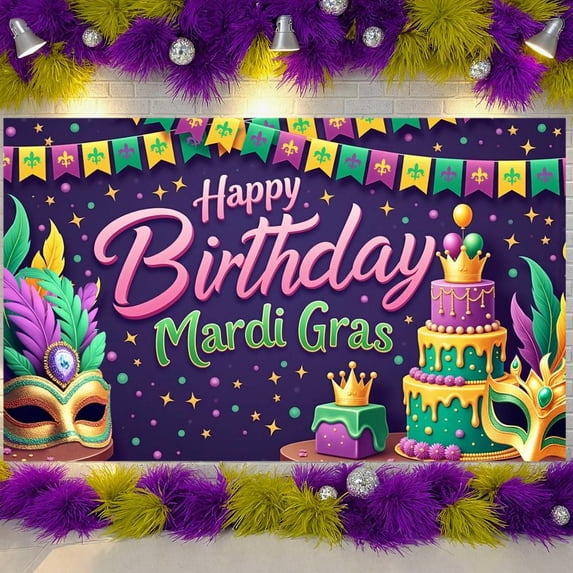 Colorful Triangle Flags Mardi Gras Banner Gold Mardi Gras Masks Backdrop Purple Cake Design Tropical Feathers Carnival Display for Mardi Gras Party Birthday Celebration Indoor Decoration