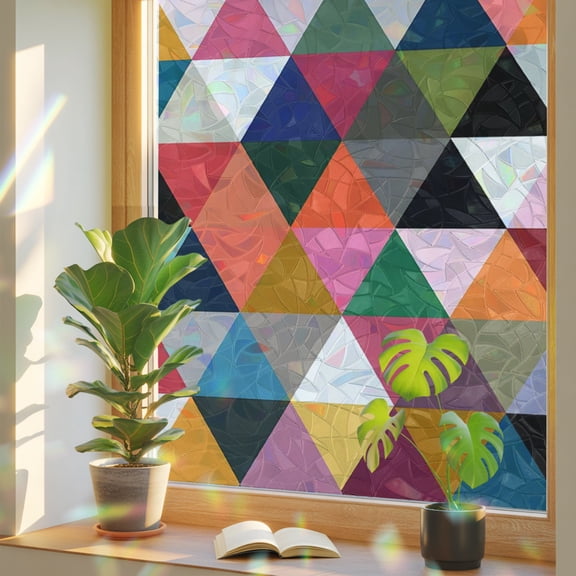 Colorful Triangle Geometric Window Privacy Film, Retro Mosaic Triangles Seamless Static Cling Stained Glass Window Sticker Decorative Removable Rainbow Film for Glass 17.7”x39.3”