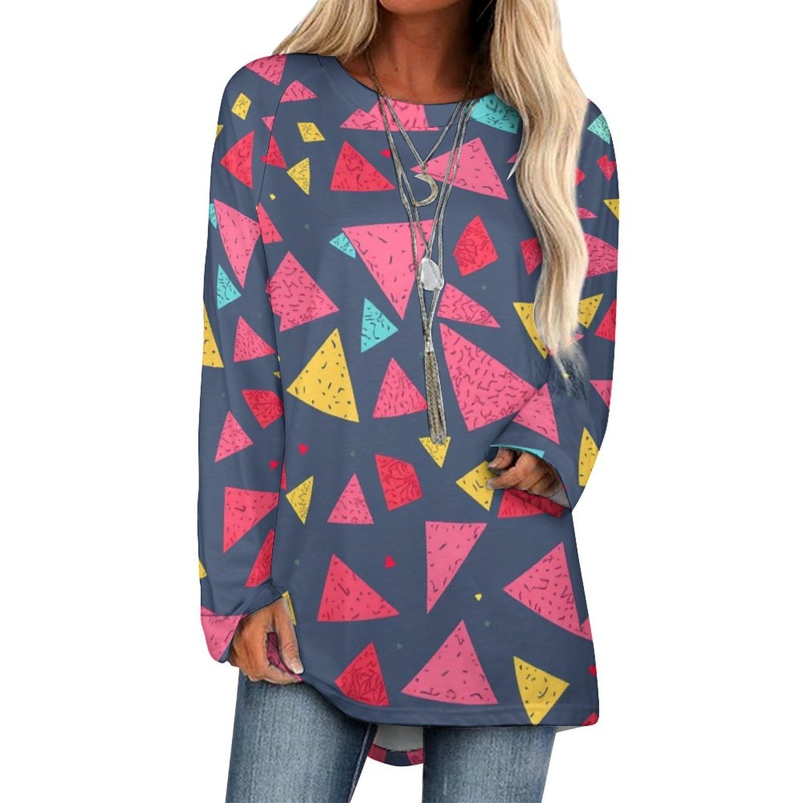 Colorful Triangle Pattern 3D Print Women Long Sleeve T Shirt Oversized ...