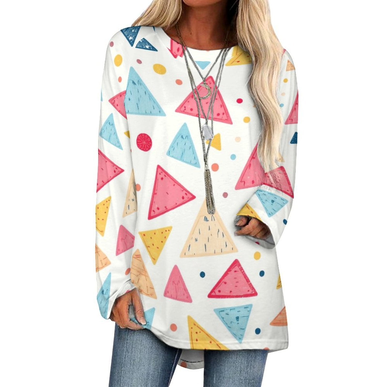 Colorful Triangle Pattern 3D Print Women Long Sleeve T Shirt Oversized ...