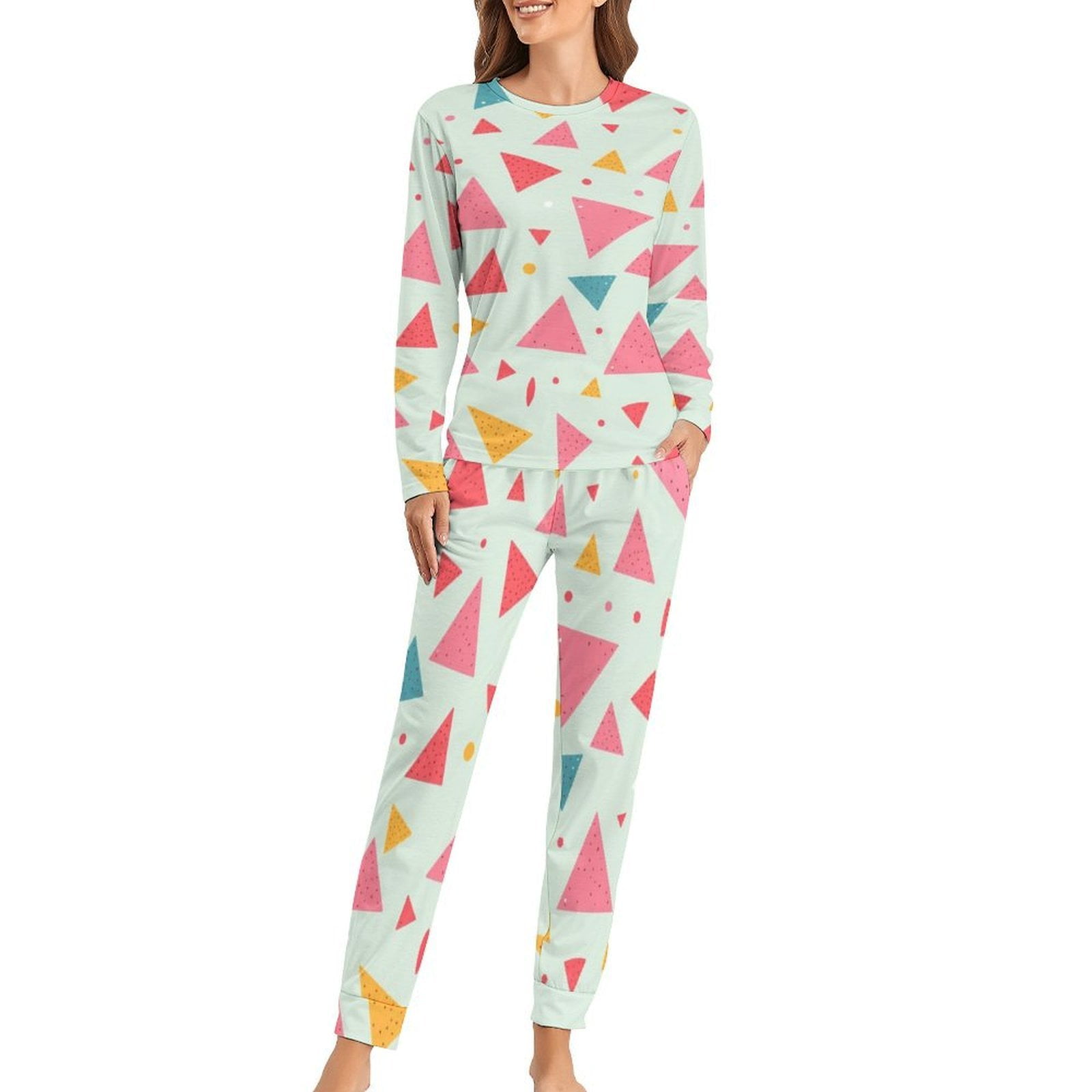 Colorful Triangle Pattern Pajamas Woman Two Piece Design Long Sleeves ...