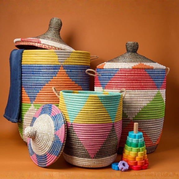 Decorative Wicker Baskets with Lid Handles, Laundry Hamper, Blanket Storage, Toy Bin, African Woven, Hood Lid, Colorful Triangles, Set of 3