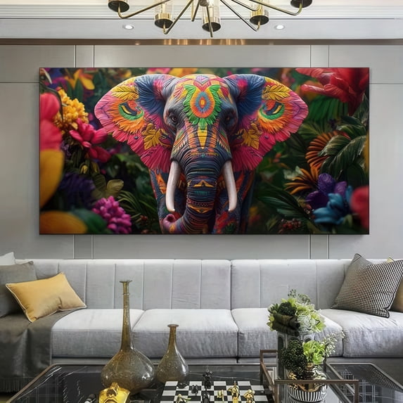 Colorful Tribal Elephant with Tropical Flowers Framed Canvas Wall Art 48x24 Inch Vibrant Animal Print for Living Room Bedroom Office