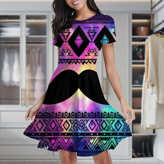 Colorful Tribal Pattern With Mustache Women's Classic Swing Skater Dress Casual Work Party Cocktail Dresses