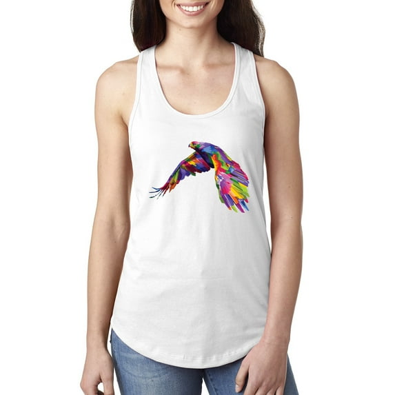 Colorful Trippy Peacock Bird Fashion Ladies Racerback Tank Top, White, Medium