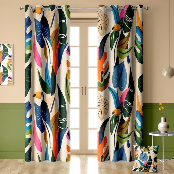 Aeyadis Colorful Tropical Abstract Blackout Curtains, Boho Leaf Birds Print Decor for Bedroom, Living Room, Grommet Window Drapes 2 Panel Set, 52"x84"
