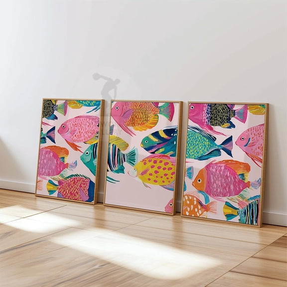 Colorful Tropical Angelfish Coastal Wall Art Set 3 Stretched Canvas 16x24