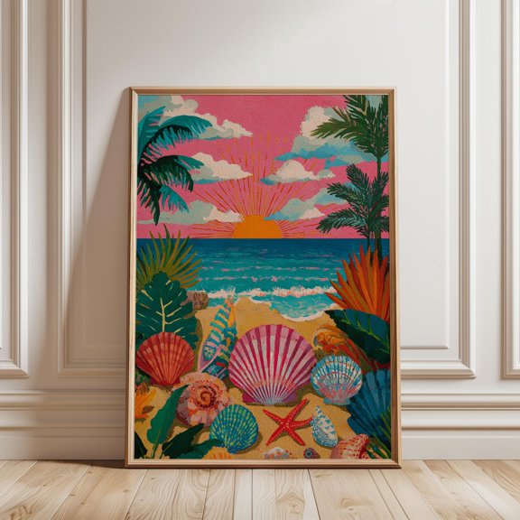 Colorful Tropical Beach Sunset Print Seashells, Ocean, Pink Sky Coastal Art Fine Art Paper, Poster Only