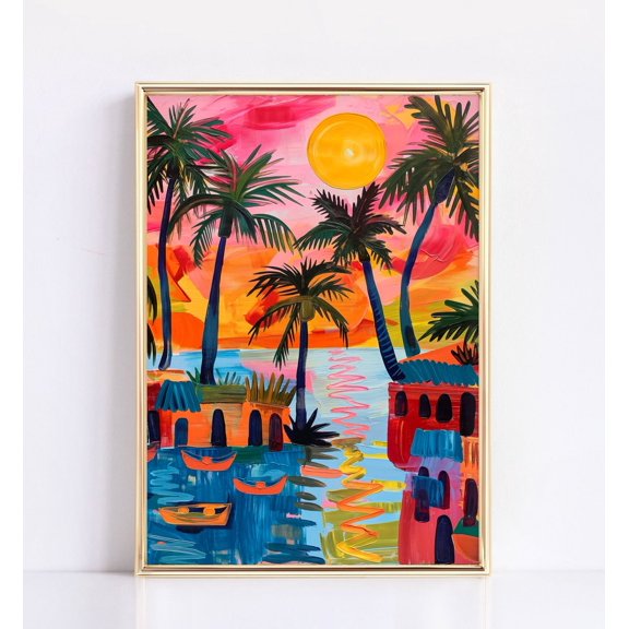 Colorful Tropical Beach Wall Art, Maximalist Art Poster, Bright And Vibrant, Lively Coastal Decor, Summer Beach Artwork, 16x24 UNFRAMED