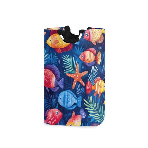 Colorful Tropical Fishes Leaves Starfishes Laundry Basket with Handles Foldable Laundry Hamper Freestanding Washing Bin 50L