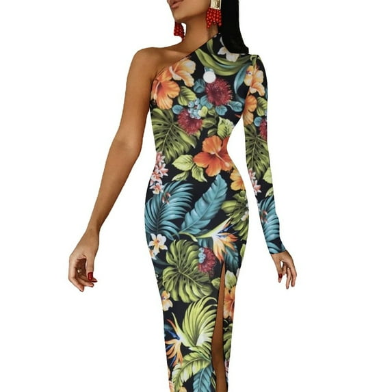 Colorful Tropical Floral Long Dress Ladies Bright Flower Print Party Maxi Dress One Shoulder Modern Bodycon Dresses Vestidos
