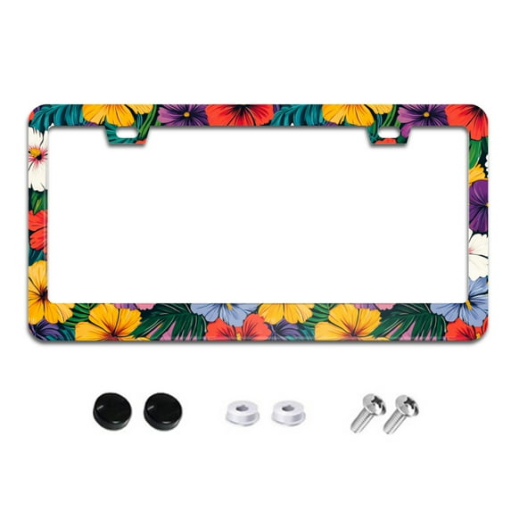 Colorful Tropical Flowers and Leaves License Plate Frames for Women Men Car Plate Holder Cover Metal Tag Aluminum Car Accessories Front Rear Plate Decor