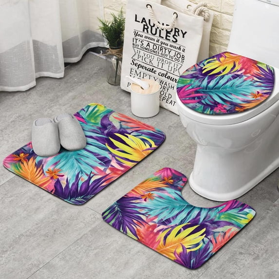 Colorful Tropical Leaf Pattern Bathroom Rugs Sets 3 Piece,Toilet Cover Set,Absorbent Non Slip Bathroom Mats Sets with U-Shaped Contour Rug Toilet Rug Set
